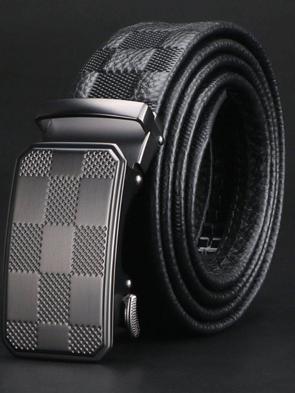 Men's Black Leather Automatic Ratchet Belt - Checkerboard Pattern - 115cm